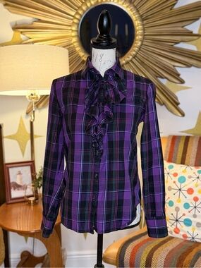 Ralph Lauren Purple Plaid Ruffle-Front Button-Up Blouse